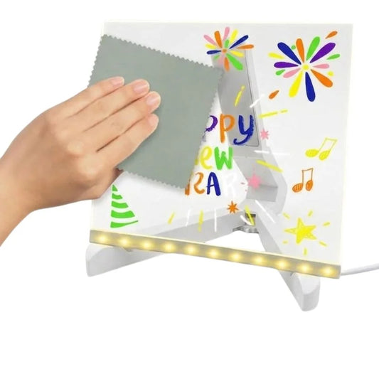 6x6 Inches LED Acrylic Writing Board with USB Light | 7 Colorful Erasable Pens | Message Board with Markers & Stand