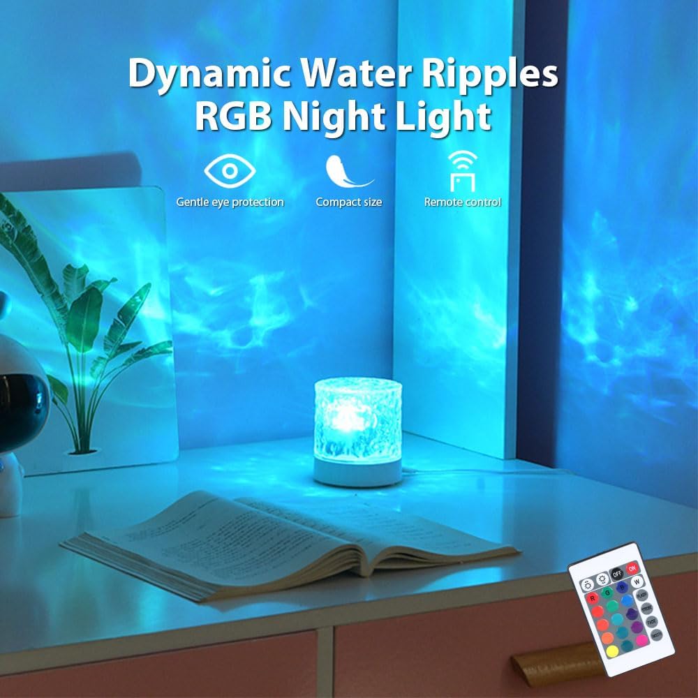 Water Ripple Lamp | 16-Color Rotating LED Night Light with Remote