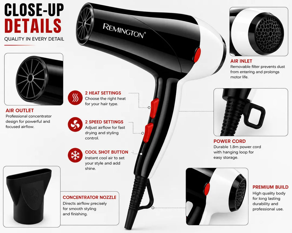 Remington Hair Dryer RM-6002 | 5000W Powerful Hair Dryer with Hot & Cool Air | 2 Speed Settings | Compact Salon Hair Styling Dryer