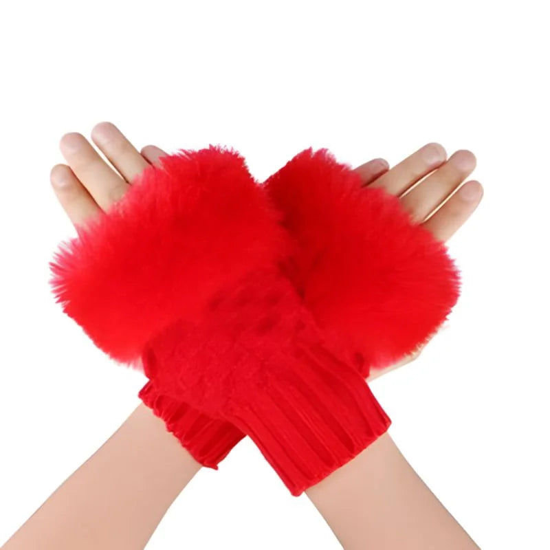 Women’s Faux Fur Fingerless Knitted Gloves | Warm Winter Hand Wrist Warmers | Soft, Stylish & Comfortable | Black