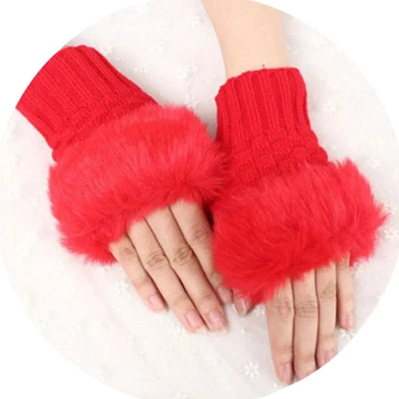 Women’s Faux Fur Fingerless Knitted Gloves | Warm Winter Hand Wrist Warmers | Soft, Stylish & Comfortable | Black