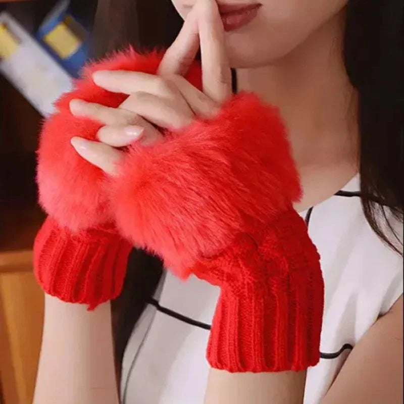 Women’s Faux Fur Fingerless Knitted Gloves | Warm Winter Hand Wrist Warmers | Soft, Stylish & Comfortable | Black