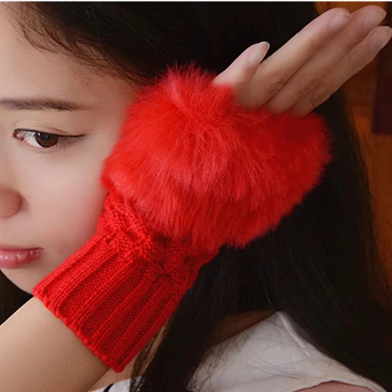 Women’s Faux Fur Fingerless Knitted Gloves | Warm Winter Hand Wrist Warmers | Soft, Stylish & Comfortable | Black