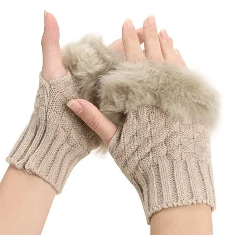 Women’s Faux Fur Fingerless Knitted Gloves | Warm Winter Hand Wrist Warmers | Soft, Stylish & Comfortable | Black