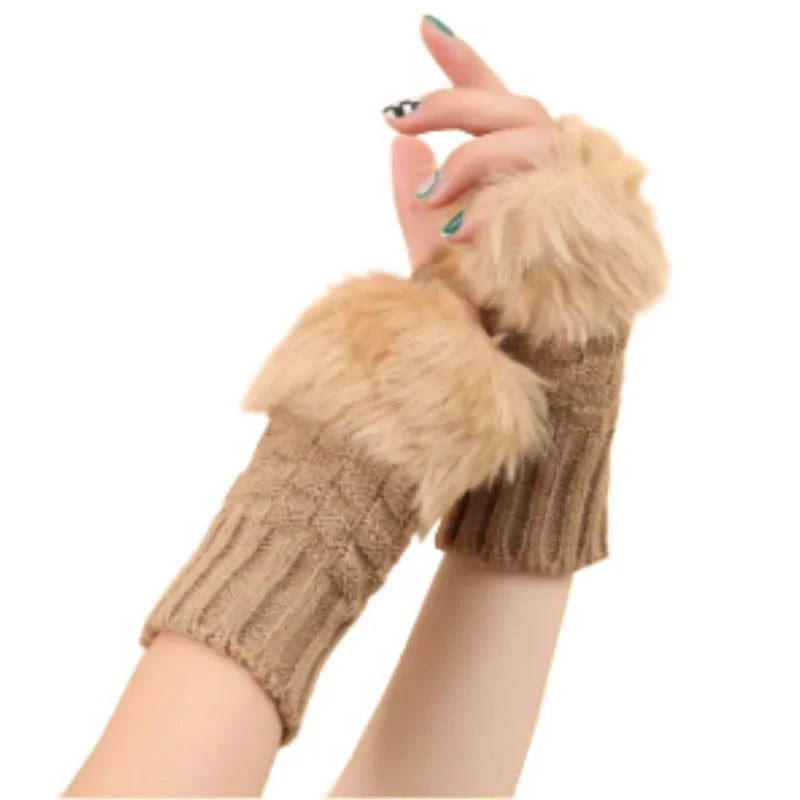 Women’s Faux Fur Fingerless Knitted Gloves | Warm Winter Hand Wrist Warmers | Soft, Stylish & Comfortable | Black