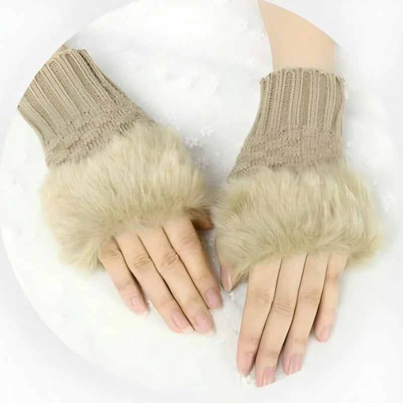 Women’s Faux Fur Fingerless Knitted Gloves | Warm Winter Hand Wrist Warmers | Soft, Stylish & Comfortable | Black
