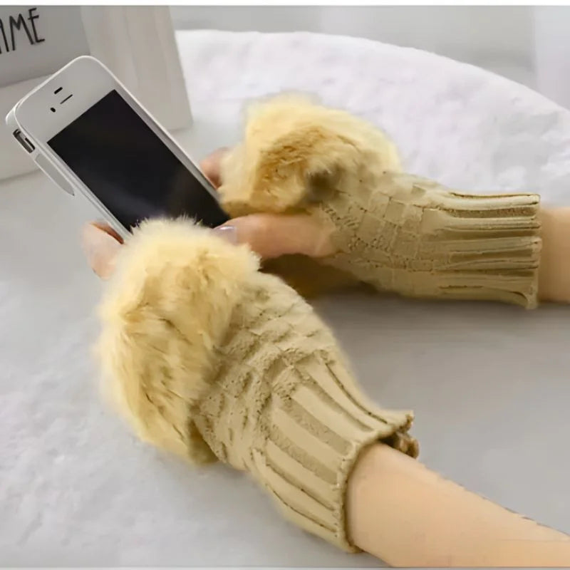 Women’s Faux Fur Fingerless Knitted Gloves | Warm Winter Hand Wrist Warmers | Soft, Stylish & Comfortable | Black