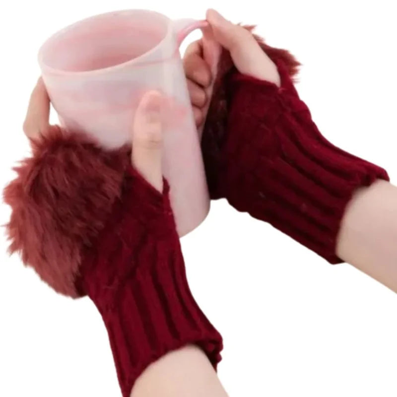 Women’s Faux Fur Fingerless Knitted Gloves | Warm Winter Hand Wrist Warmers | Soft, Stylish & Comfortable | Black