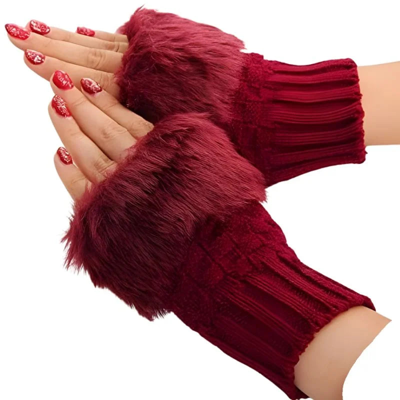 Women’s Faux Fur Fingerless Knitted Gloves | Warm Winter Hand Wrist Warmers | Soft, Stylish & Comfortable | Black