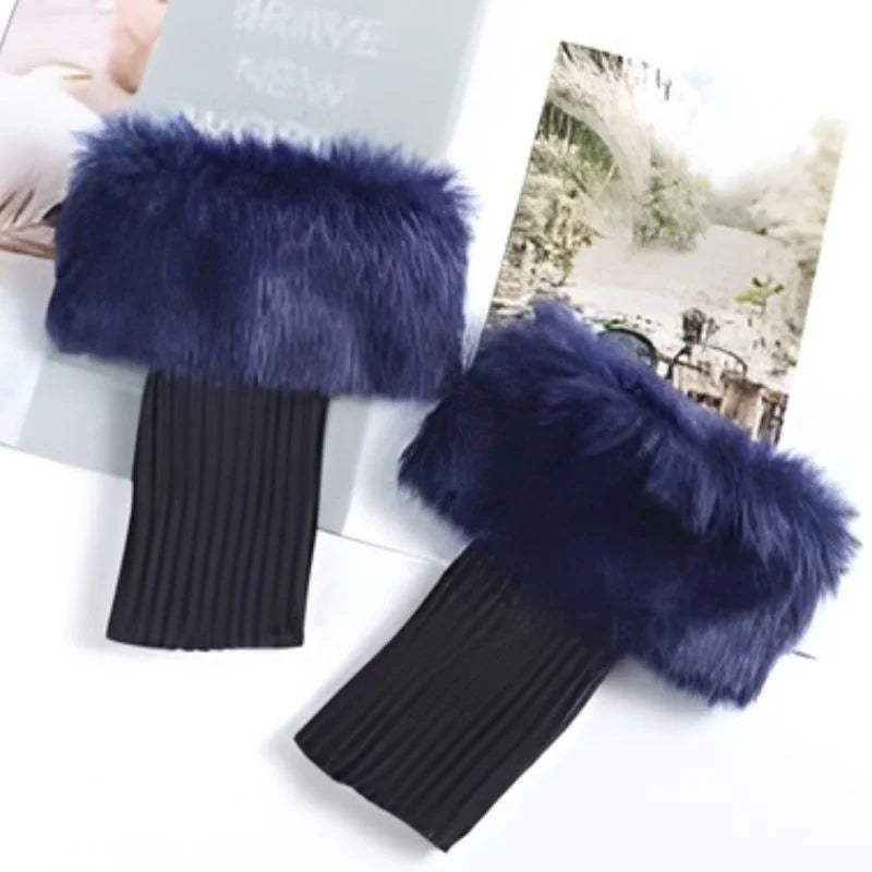 Women’s Faux Fur Fingerless Knitted Gloves | Warm Winter Hand Wrist Warmers | Soft, Stylish & Comfortable | Black
