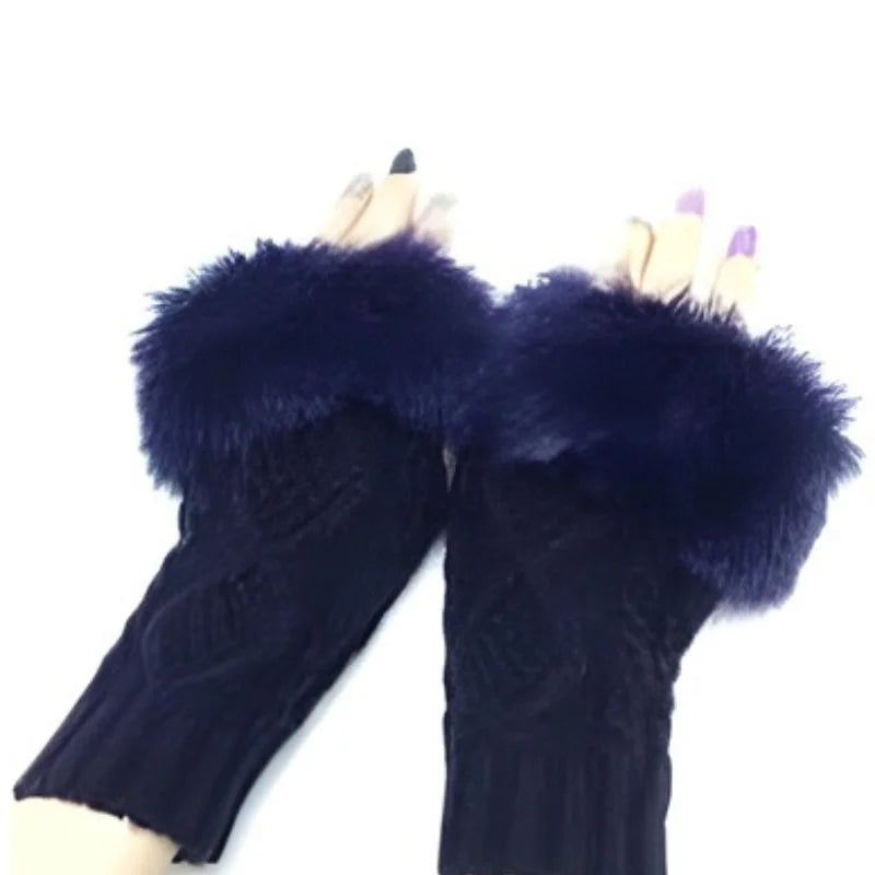 Women’s Faux Fur Fingerless Knitted Gloves | Warm Winter Hand Wrist Warmers | Soft, Stylish & Comfortable | Black
