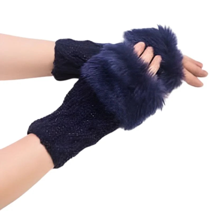 Women’s Faux Fur Fingerless Knitted Gloves | Warm Winter Hand Wrist Warmers | Soft, Stylish & Comfortable | Black