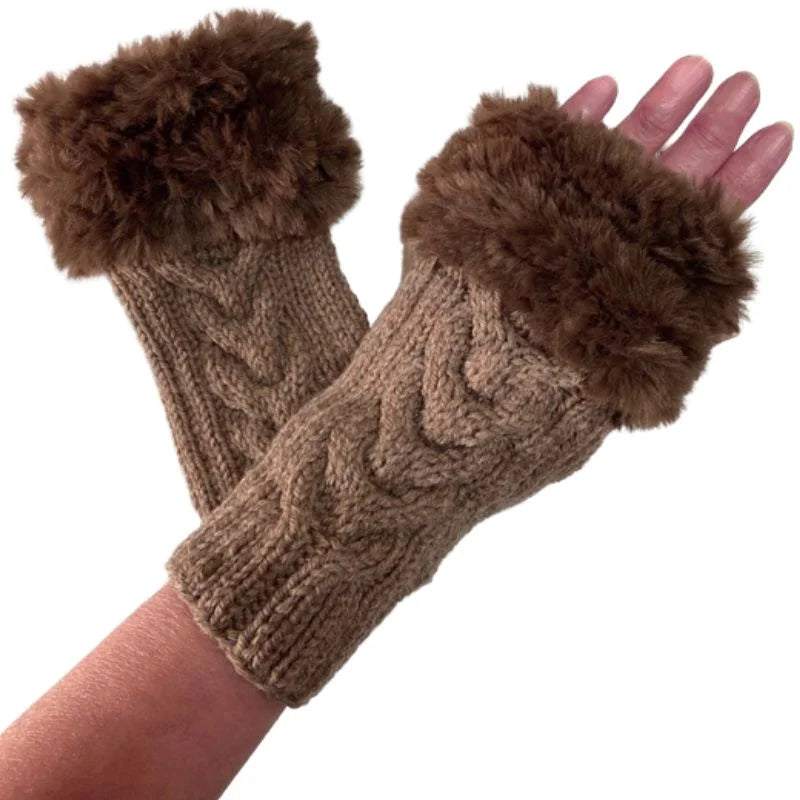 Women’s Faux Fur Fingerless Knitted Gloves | Warm Winter Hand Wrist Warmers | Soft, Stylish & Comfortable | Black