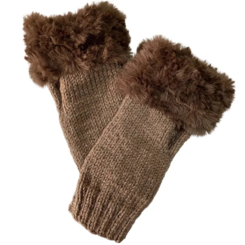 Women’s Faux Fur Fingerless Knitted Gloves | Warm Winter Hand Wrist Warmers | Soft, Stylish & Comfortable | Black
