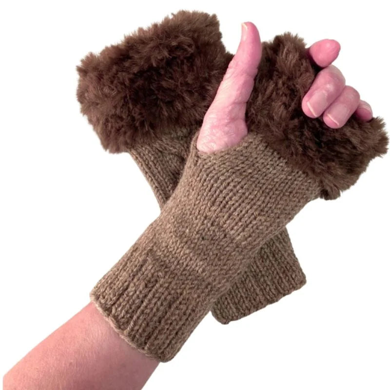 Women’s Faux Fur Fingerless Knitted Gloves | Warm Winter Hand Wrist Warmers | Soft, Stylish & Comfortable | Black
