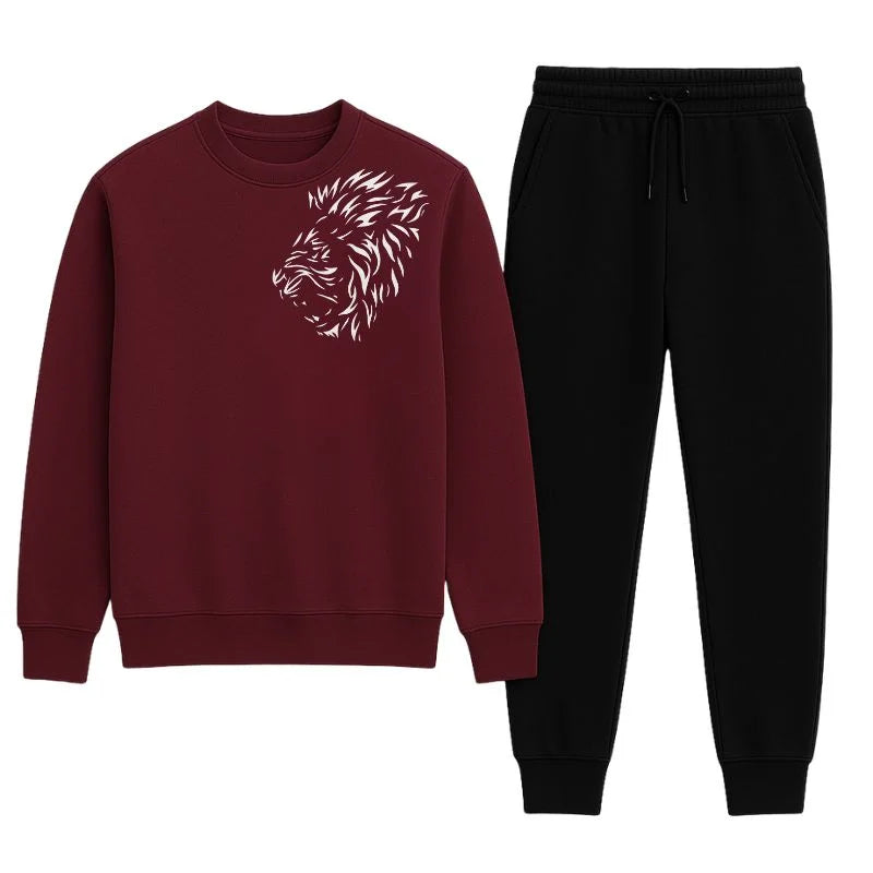 LION Printed Maroon  Tracksuit Sweatshirt & Trouser  | Warm & Comfortable Winter Wear | XL