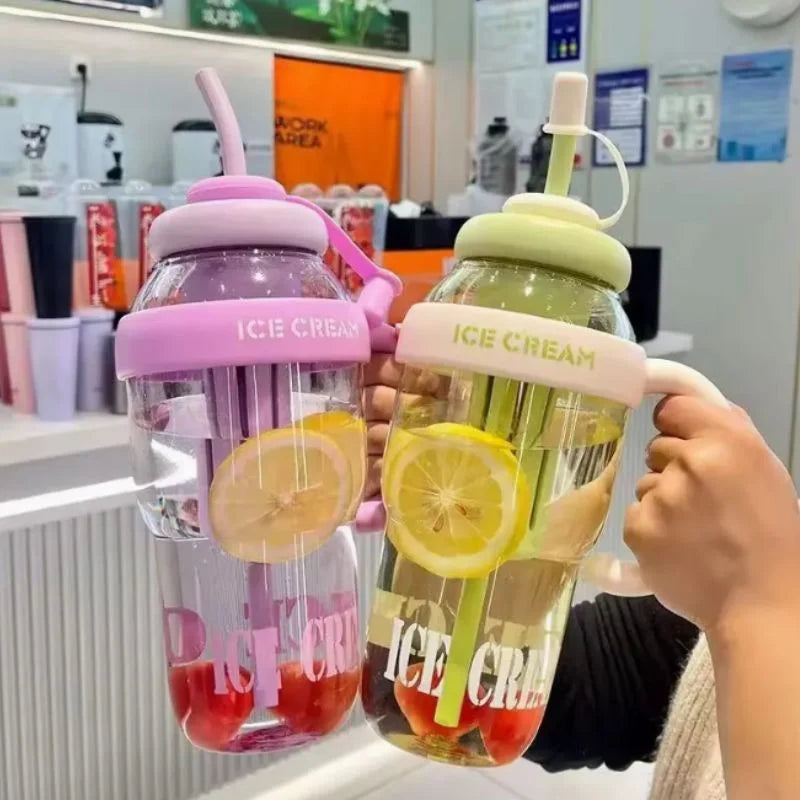Ice Cream Water Bottle with Straw & Tea Infuser | 1400ml  |  | Large Capacity Gym & Summer Drink Bottle | Random color