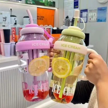 Ice Cream Water Bottle with Straw & Tea Infuser | 1400ml  |  | Large Capacity Gym & Summer Drink Bottle | Random color