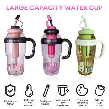 Ice Cream Water Bottle with Straw & Tea Infuser | 1400ml  |  | Large Capacity Gym & Summer Drink Bottle | Random color