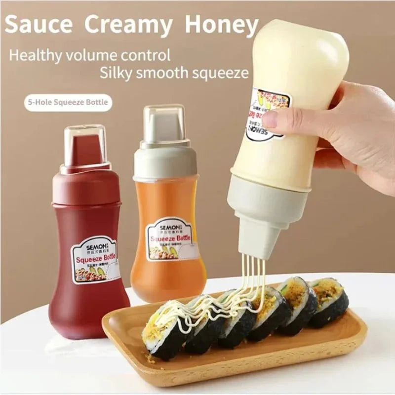 5 Hole Squeeze Sauce Bottle | Refillable Condiment Dispenser with Lid | Multipurpose Ketchup & Hot Sauce Bottle for Kitchen | Black Cap