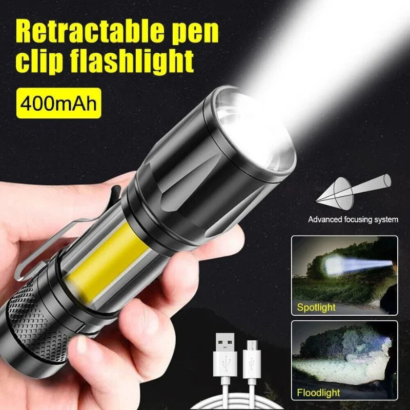 Metal COB Flashlight Torch  | Mini Rechargeable LED Work Light & Waterproof Emergency Penlight