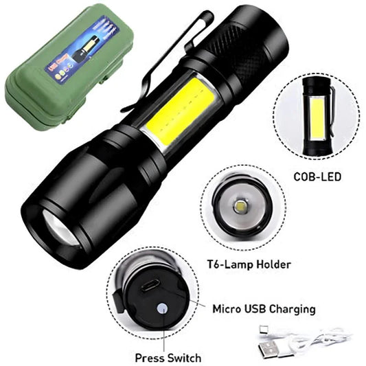 Metal COB Flashlight Torch  | Mini Rechargeable LED Work Light & Waterproof Emergency Penlight