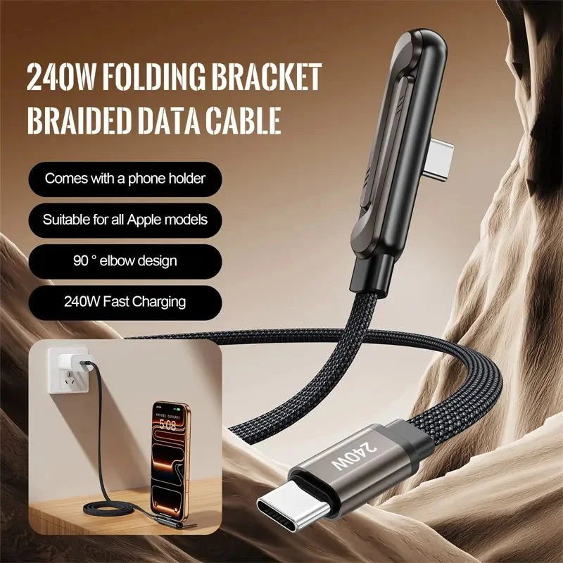 USB-C Fast Charging Cable with Foldable Phone Stand | 2-in-1 Braided Data Cable for iPhone, Samsung & Type-C Devices | 240W