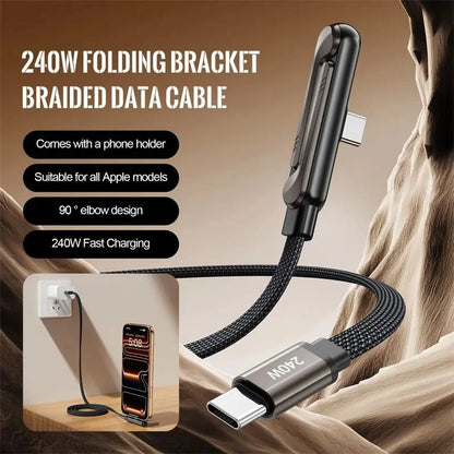 USB-C Fast Charging Cable with Foldable Phone Stand | 2-in-1 Braided Data Cable for iPhone, Samsung & Type-C Devices | 240W