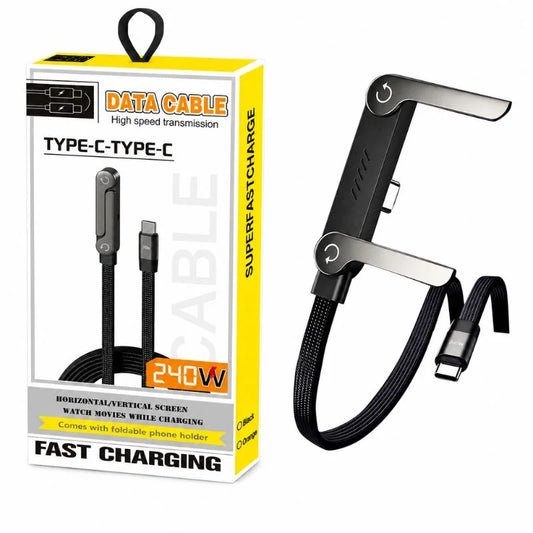 USB-C Fast Charging Cable with Foldable Phone Stand | 2-in-1 Braided Data Cable for iPhone, Samsung & Type-C Devices | 240W