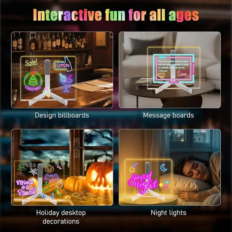 6x6 Inches LED Acrylic Writing Board with USB Light | 7 Colorful Erasable Pens |  Message Board with Markers & Stand