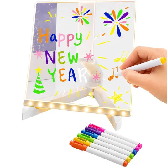 6x6 Inches LED Acrylic Writing Board with USB Light | 7 Colorful Erasable Pens |  Message Board with Markers & Stand
