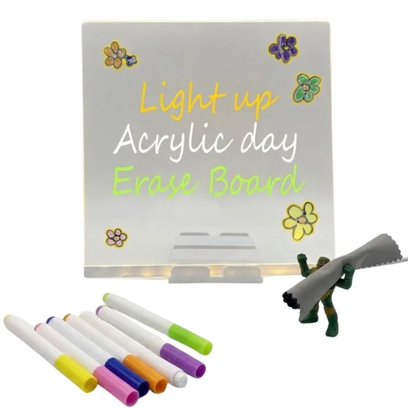 6x6 Inches LED Acrylic Writing Board with USB Light | 7 Colorful Erasable Pens |  Message Board with Markers & Stand