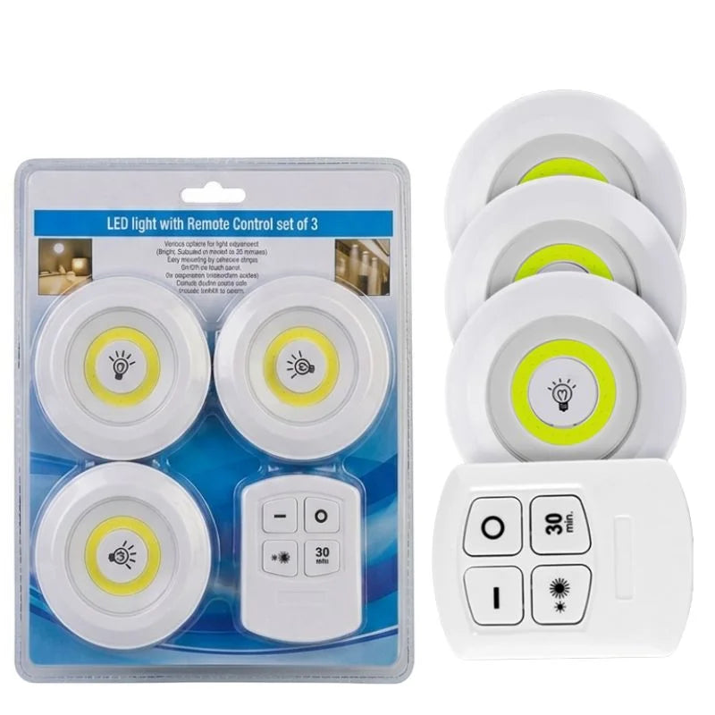 Pack of 3 LED Remote Control Tap Lights  | Self-Adhesive Cabinet, Wardrobe & Kitchen Lights