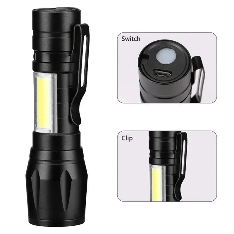 Metal COB Flashlight Torch  | Mini Rechargeable LED Work Light & Waterproof Emergency Penlight