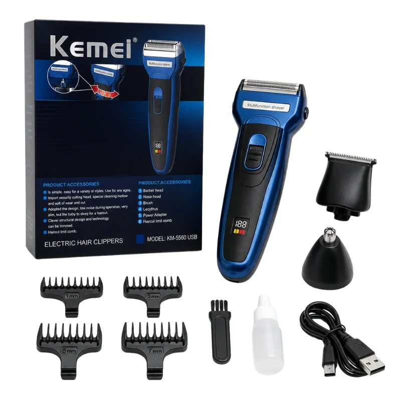 Kemei  USB Electric Hair Clipper | Model KM-5560 |  Rechargeable Hair Trimmer with Nose Trimmer Attachment | Professional Grooming Kit