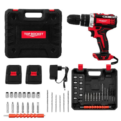 TOP ROCKET Cordless Rechargeable Drill Machine Kit |   48V  Double Batteries | 3-in-1 Drill, Screwdriver & Impact Driver | Variable Speed Power Tool Set with Carry Case