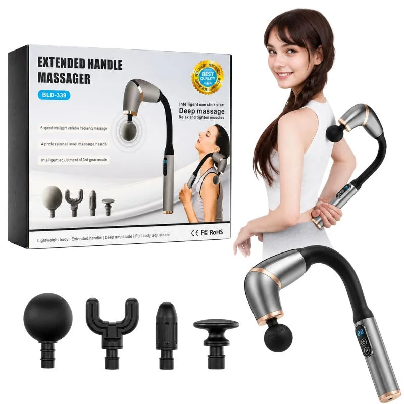 Long Handle Fascial Gun Massager | Model: BLD-339 |  Rechargeable Massage Gun with 4 Interchangeable Heads | Full Body Muscle Relaxation
