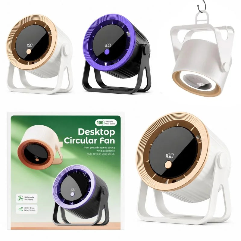 Desktop Circular Rechargeable Fan with 360° Adjustable Airflow | Model QL-02 | Quiet Personal Cooling Fan for Home, Office & Bedroom | Random Color