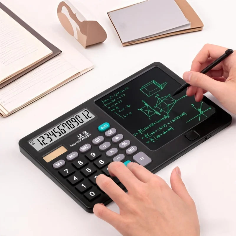 Functional Calculator with LCD Writing Tablet | Model DS-837X | 2-in-1 Digital Calculator & Reusable Notepad | Solar & Battery Powered | Stylus Pen