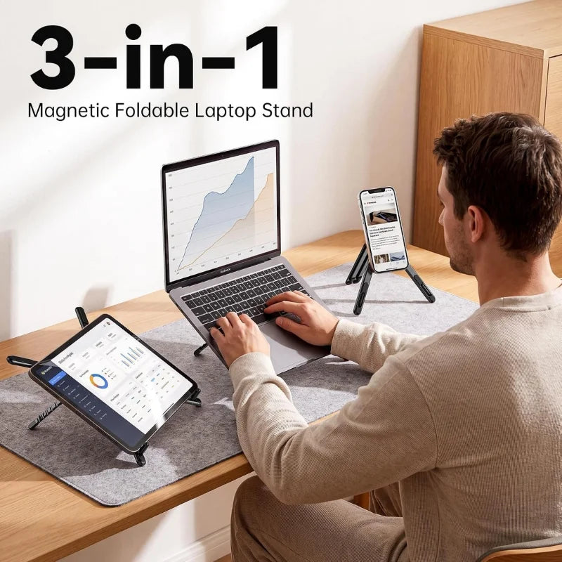 3-in-1 Magnetic Foldable  Stand |Model K001 | Aluminum Alloy Phone laptop & Tablet Holder | 8-Level Adjustable Height | 360° Rotating Base | Portable Travel Stand