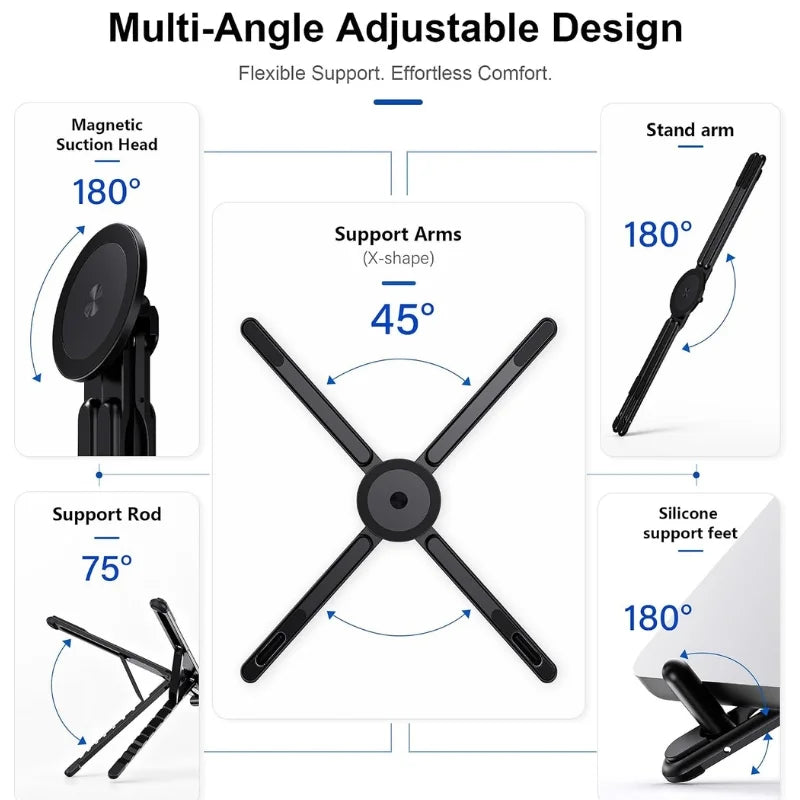 3-in-1 Magnetic Foldable  Stand |Model K001 | Aluminum Alloy Phone laptop & Tablet Holder | 8-Level Adjustable Height | 360° Rotating Base | Portable Travel Stand