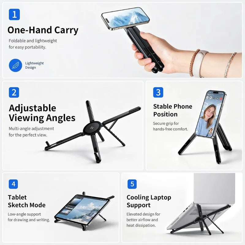 3-in-1 Magnetic Foldable  Stand |Model K001 | Aluminum Alloy Phone laptop & Tablet Holder | 8-Level Adjustable Height | 360° Rotating Base | Portable Travel Stand